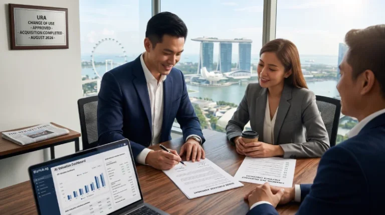 A dynamic, textured moment of strategic collaboration and agreement among three Singaporean business professionals around a physical Share Purchase Agreement in a premium Marina Bay office.